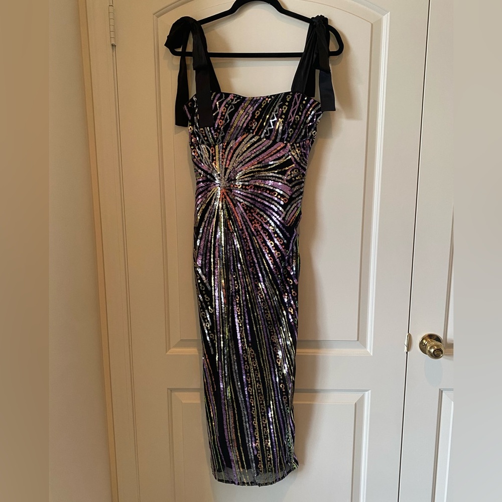 Sequin Starburst Midi Dress with Black Tie Straps
